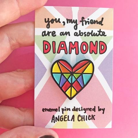Rainbow Diamond Heart Enamel Pin by Angela Chick - Spiffy - The Happiness Shop