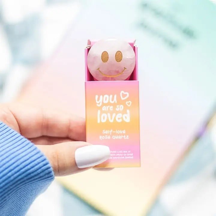 You Are Loved Rose Quartz Happy Face Crystal - Spiffy - The Happiness Shop