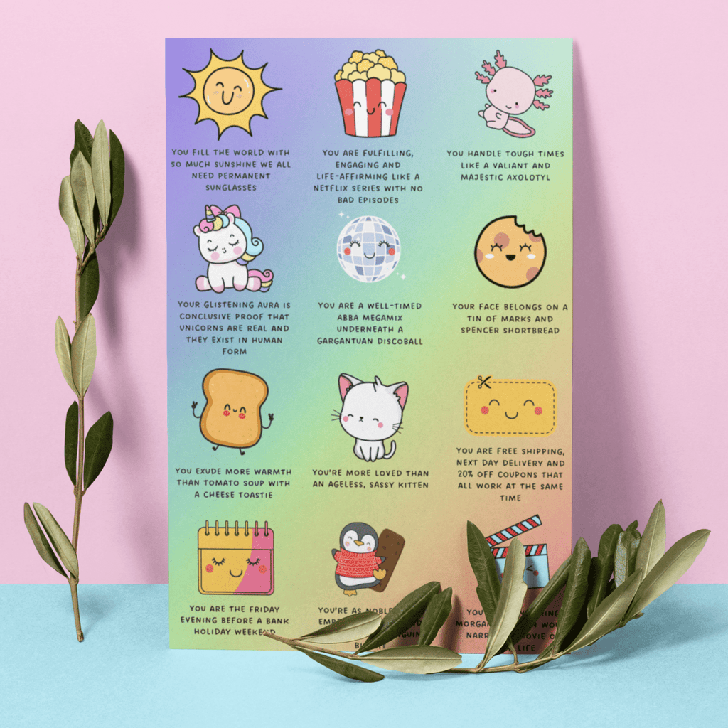 Motivational Compliments A4 Print featuring 12 cute Kawaii characters - Spiffy - The Happiness Shop