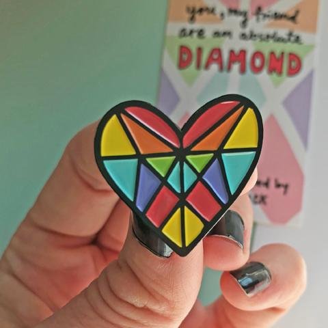 Rainbow Diamond Heart Enamel Pin by Angela Chick - Spiffy - The Happiness Shop